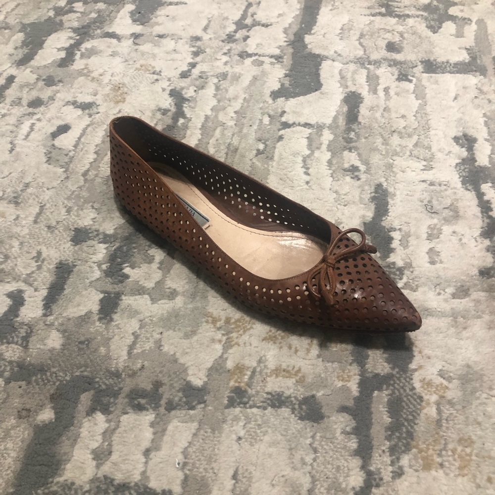 Authentic PRADA Mesh Bow leather slip-on pointed toe flats Brown Size 37